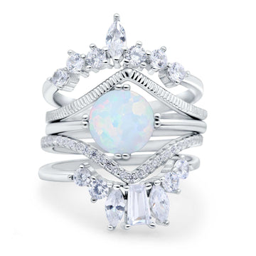 Trio Set Wedding Ring Three Piece Bridal Round Lab Created White Opal 925 Sterling Silver